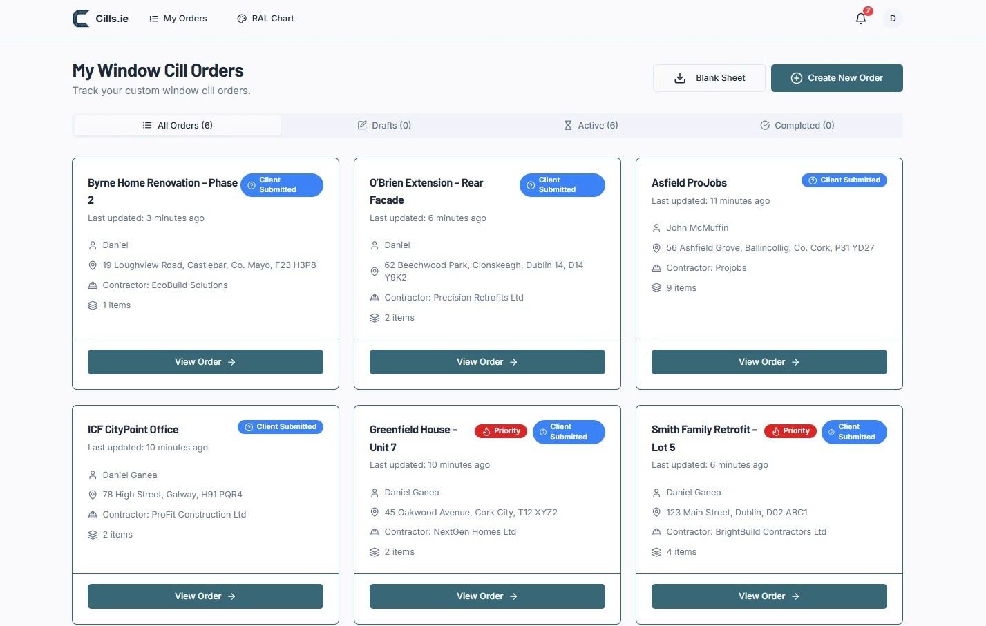 cills.ie dashboard page with aluminium products
