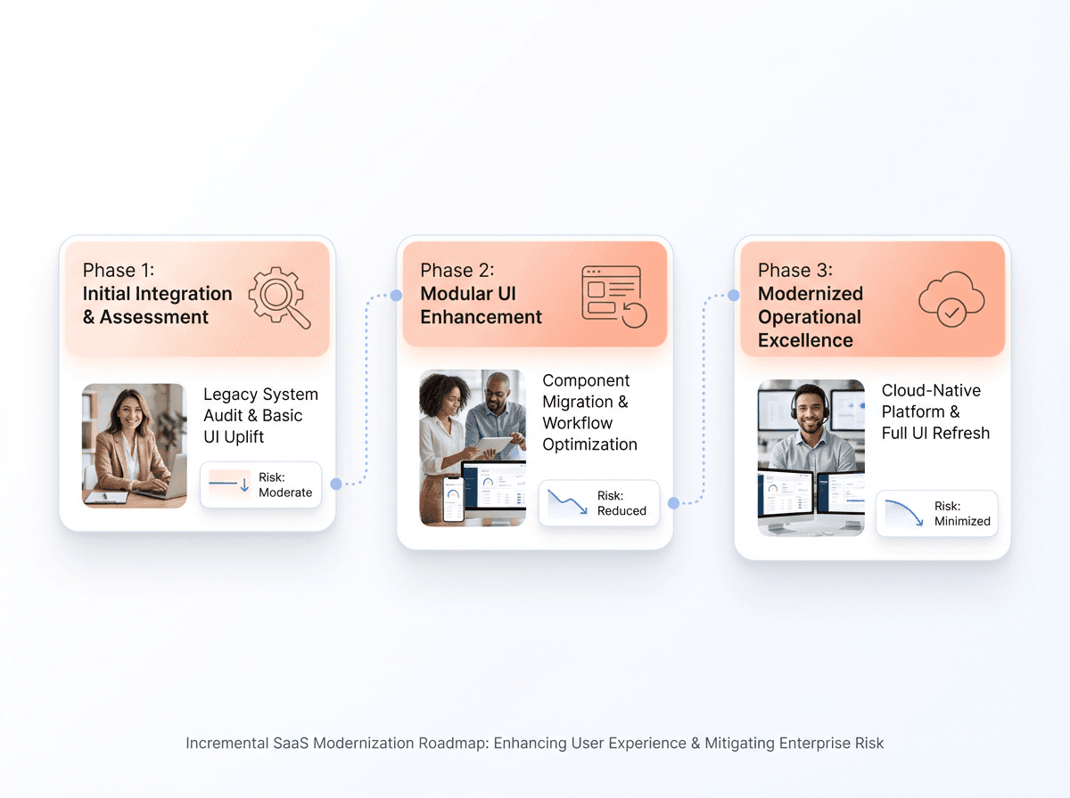 Phased enterprise software modernization roadmap illustrating incremental UI upgrades to reduce risk and maintain business continuity