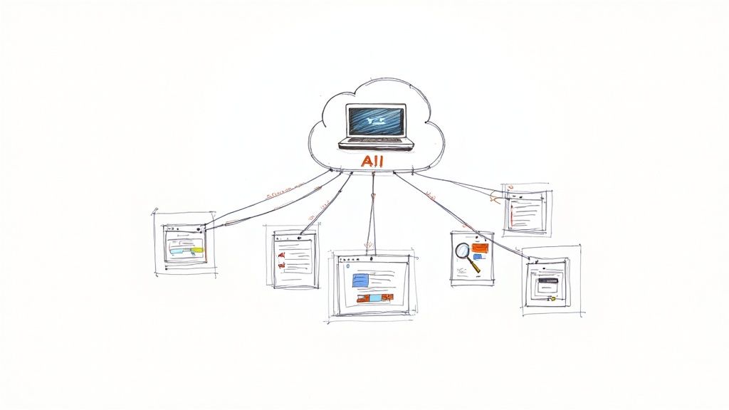 Hand-drawn diagram of an an AI cloud with a laptop connecting to multiple web pages, illustrating a network.