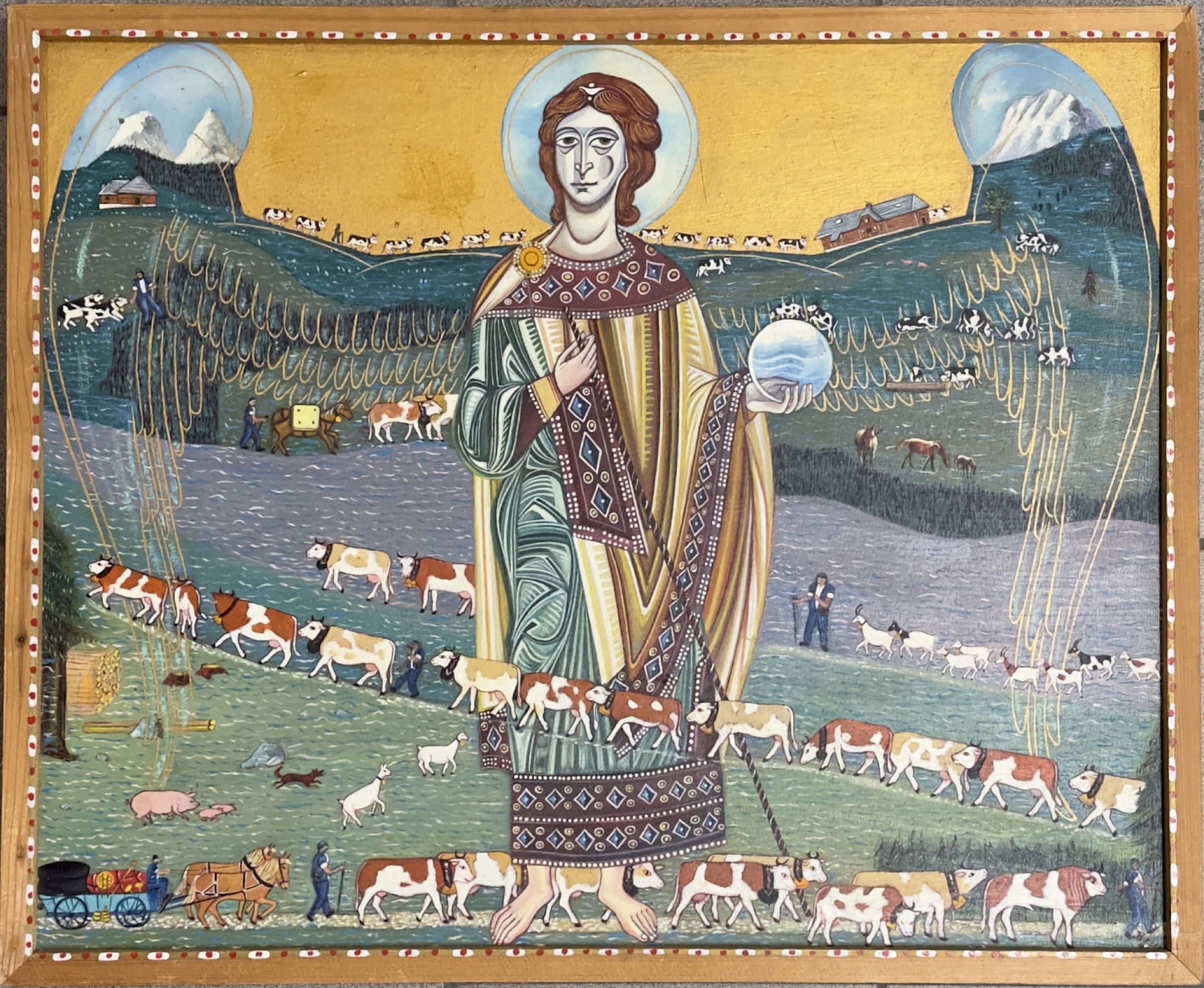 Peinture d'un saint à l'auréole, bras écartés, au centre d'un alpage peuplé de vaches et de chèvres, devant les montagnes.