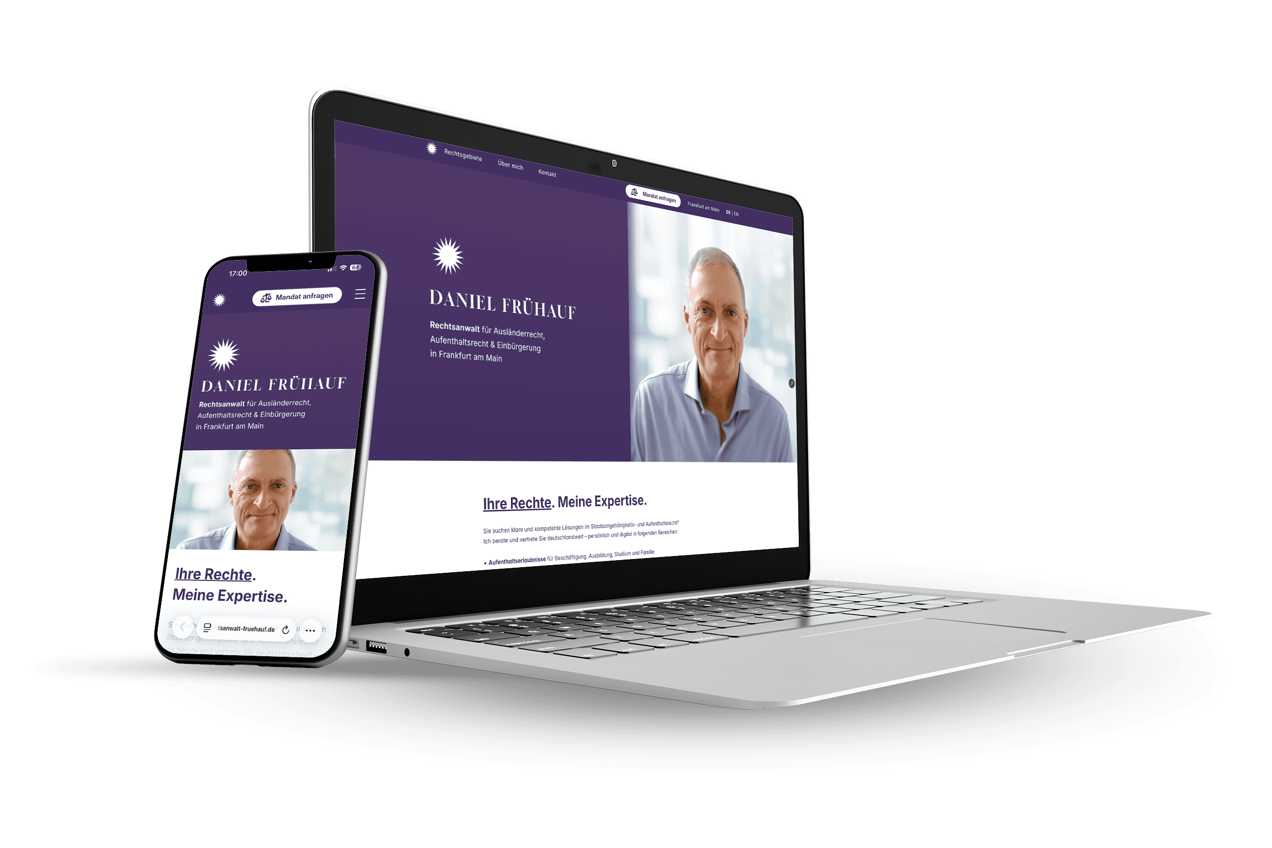 Hochwertige Webdesign Mockups Laptop und Smartphone für einen Rechtsanwalt in Frankfurt. Mit Webanimation seiner weißen Sonne als Bildmarke.