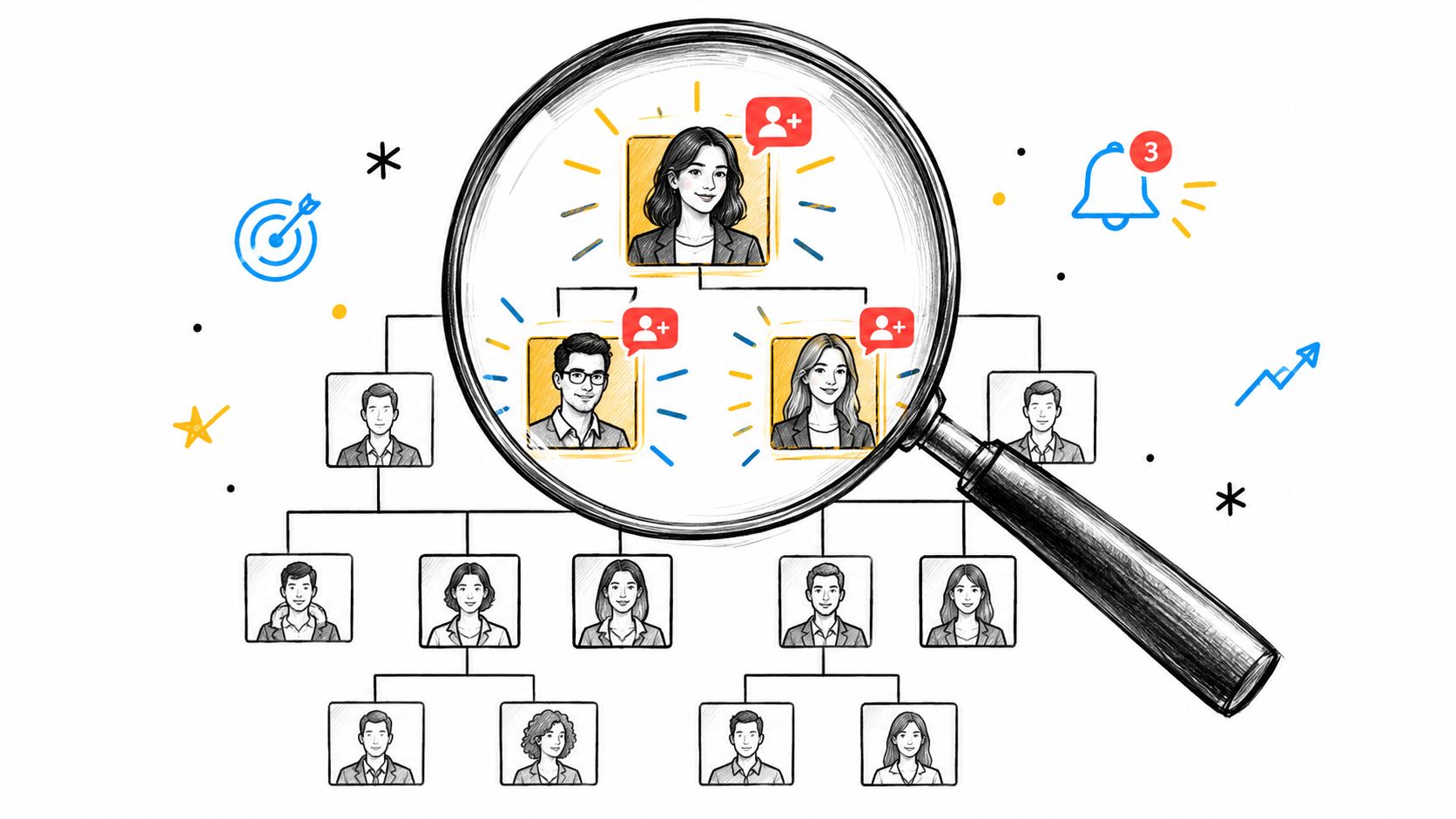A magnifying glass focusing on leadership figures within an organizational chart representing lead generation and team building.