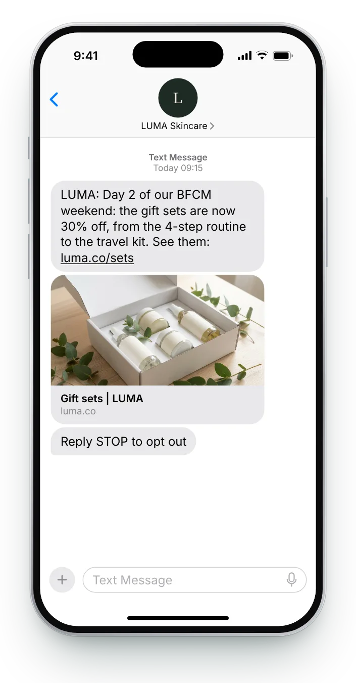 A new offer on day two BFCM text on an iPhone