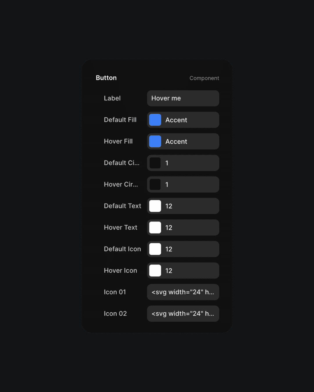 Interface settings for customizing a button, with options for label, fill color, text size, and icons shown on a dark mode background