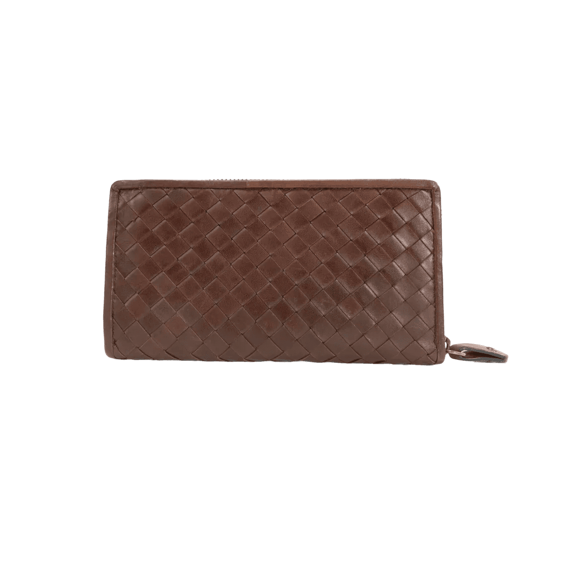 Brown woven leather wallet on a white background