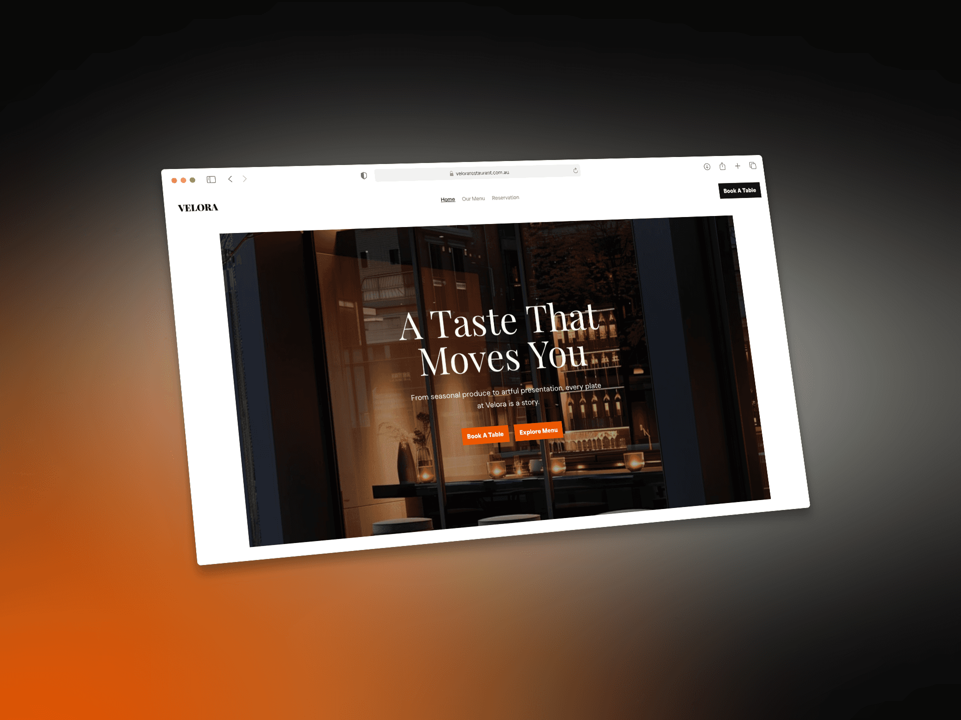Laptop on a styled desk displaying the homepage of Velore Fine Dining, with a full-screen image of an elegant plated dish and refined typography.
