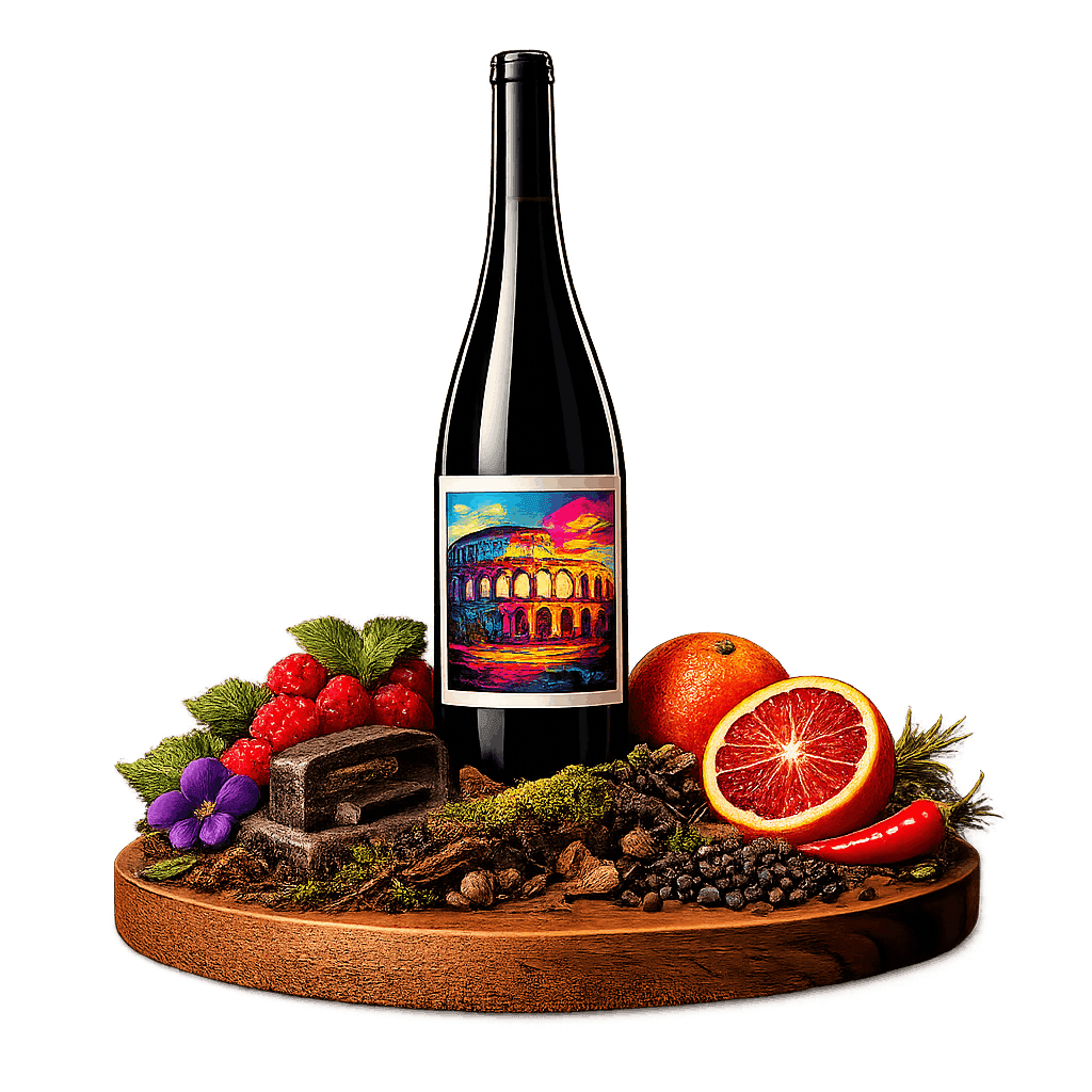 Artistic label and flavor profile for Istrian Teran on a rustic wooden table.