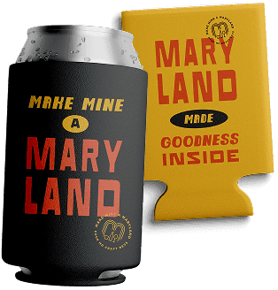 A black can cooler with Make Mine a Maryland text beside a yellow cooler reading Maryland Made Goodness Inside—both featuring a circular logo at the bottom, perfect for Baltimore events and a wide range of industries.