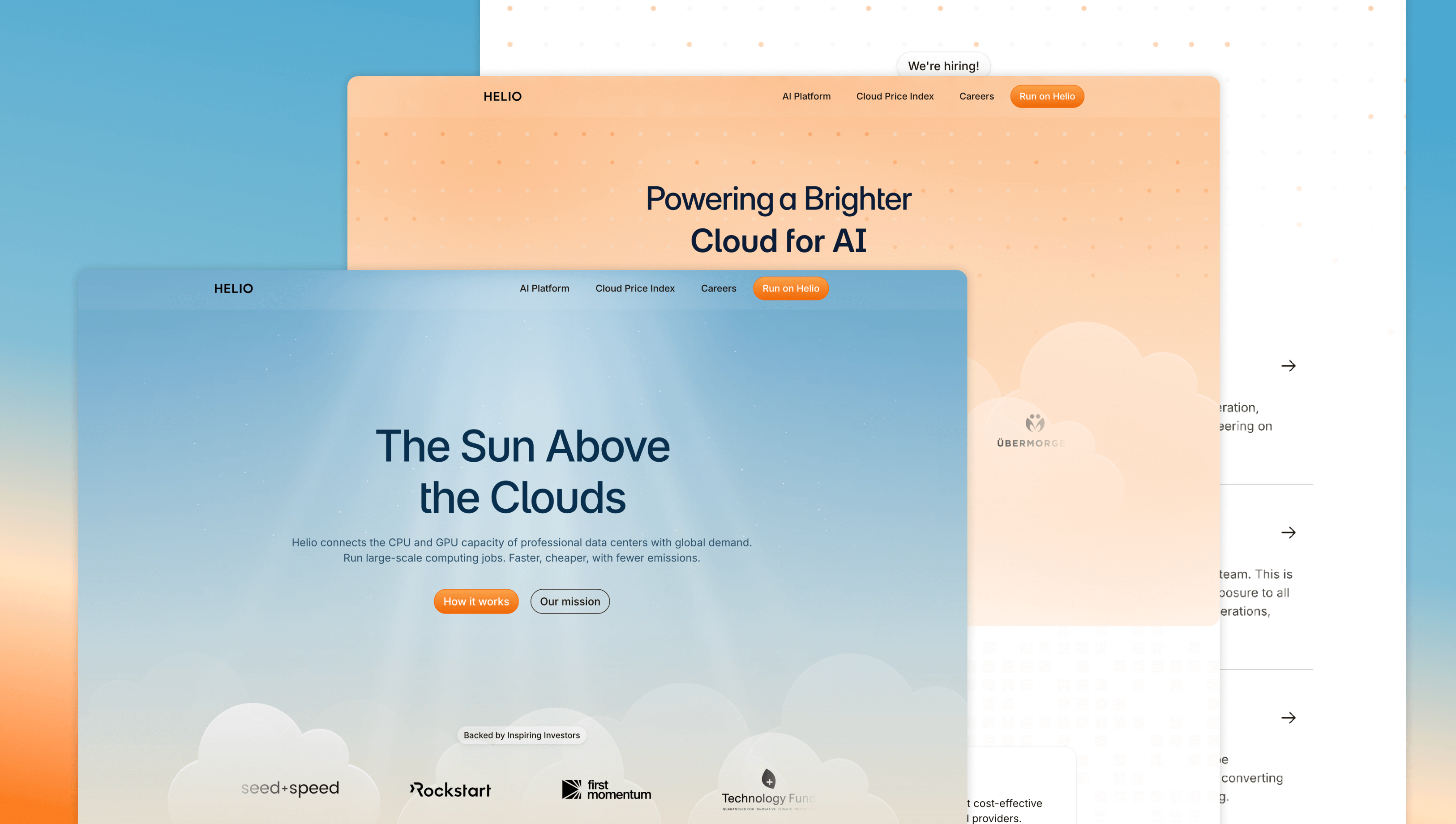 Helio Render website homepage showing tagline "The Next Era of Cloud Rendering is Here", a "Render Faster for Less" button, and client logos.