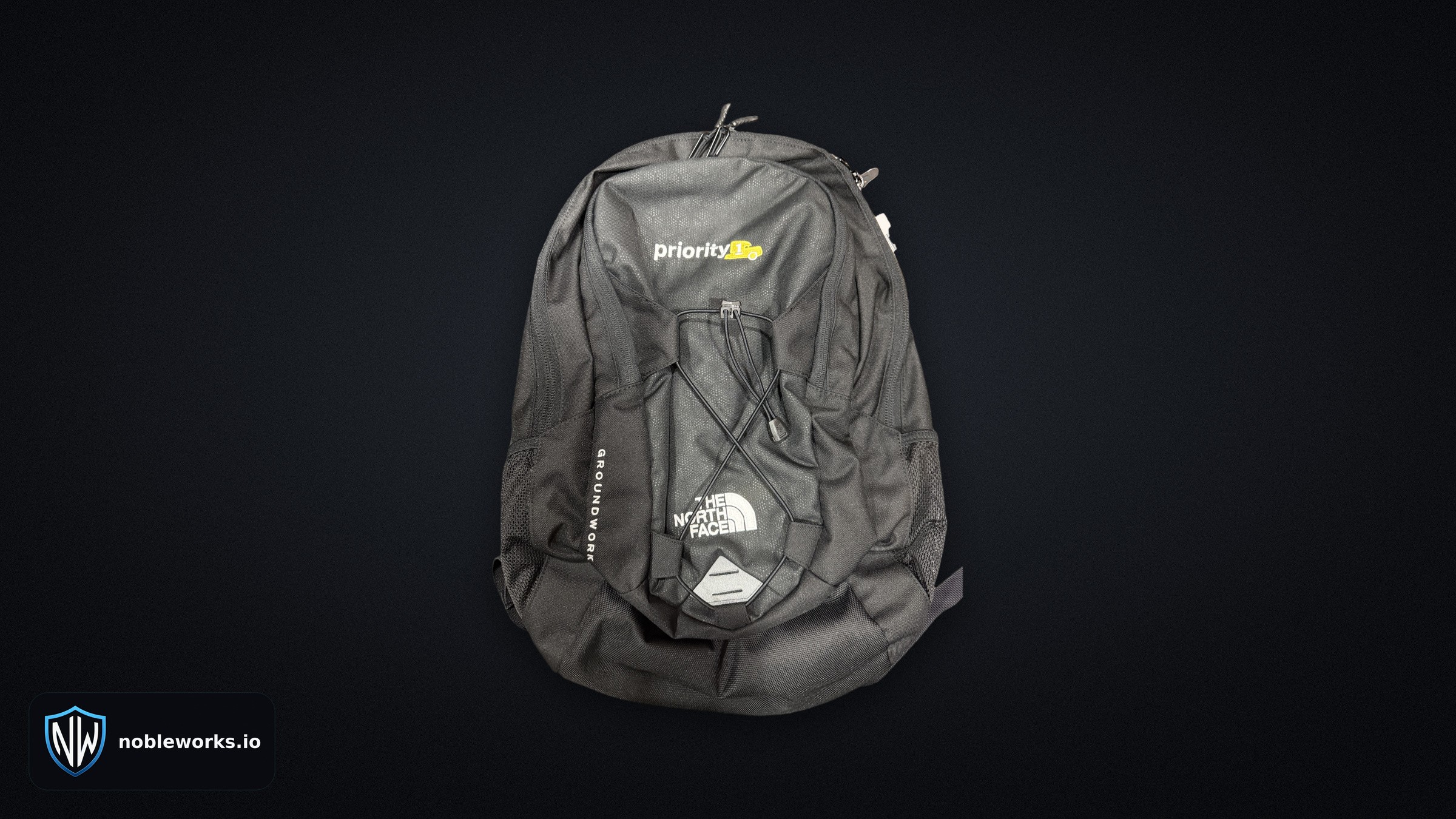 Priority 1 logo embroidered on the front zipper pocket of a black The North Face Groundwork backpack
