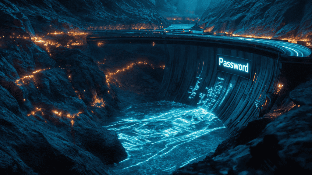 Dam bursting labelled Password showing data breach risk