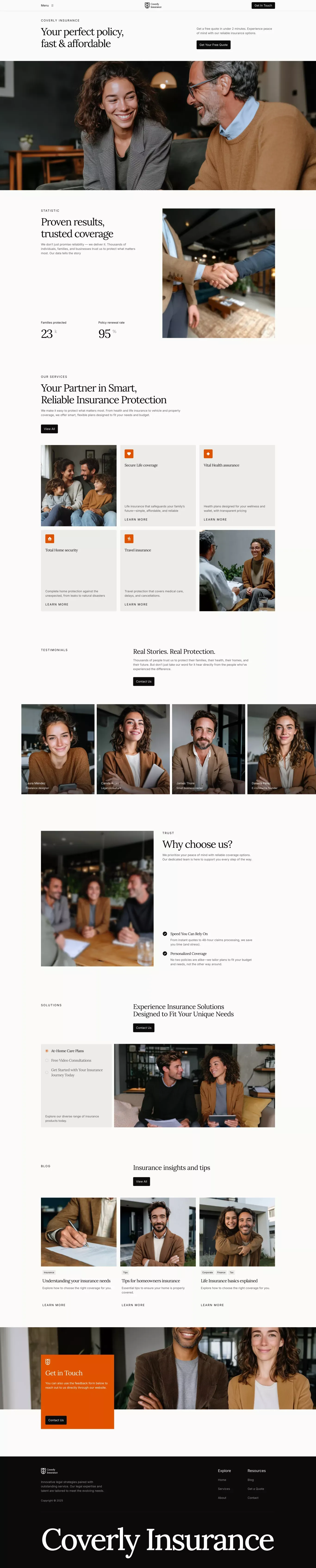 Coverly - Insurance Website Template landing page screenshot showcasing Finance design