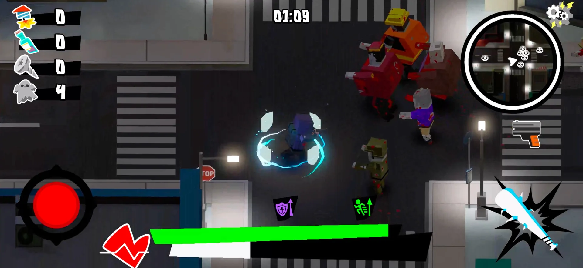 Player fighting zombies and a boss on a city street in Zombie Citizen