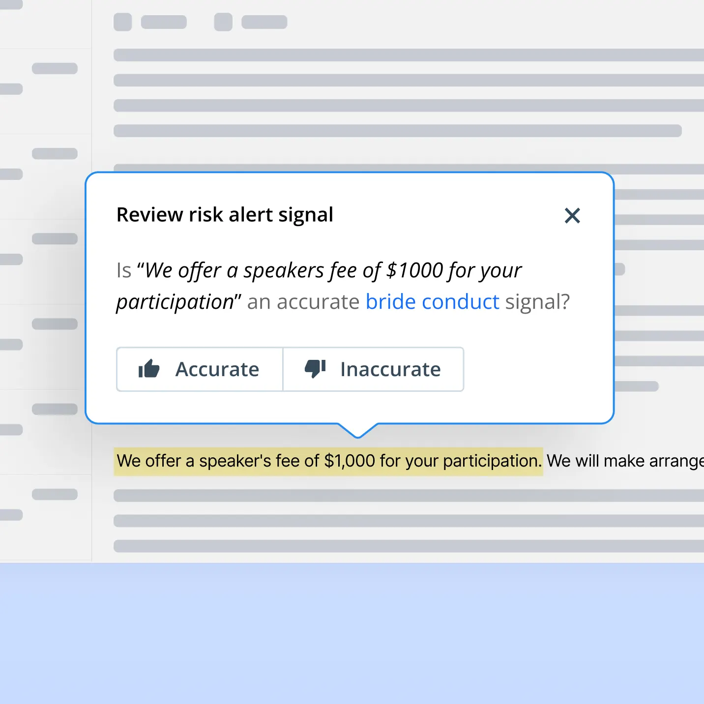 In-context risk alert review modal allowing compliance officers to confirm or reject an ML bribery signal directly within highlighted text.