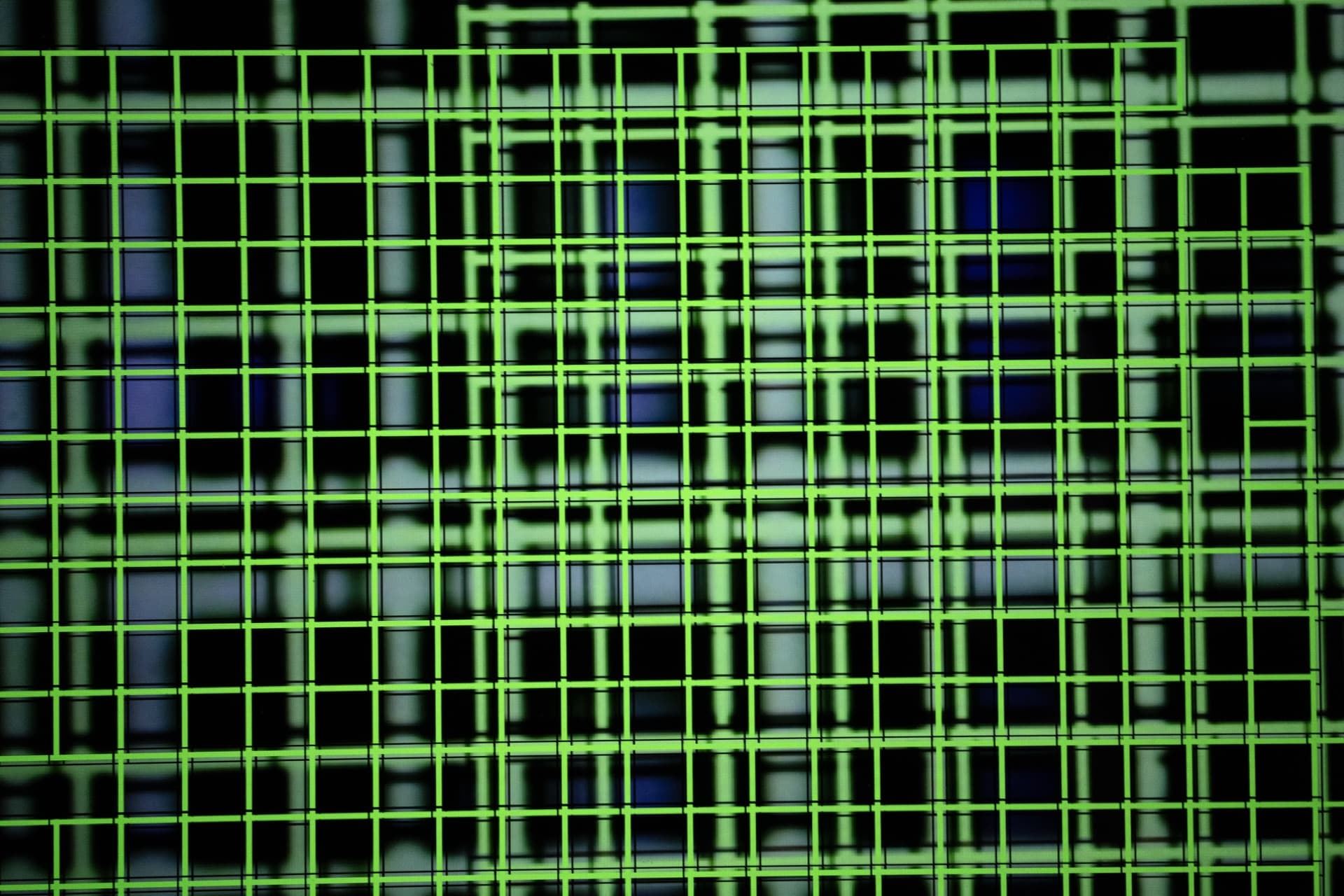 Complete coverage of green autofocus grid across frame, dense overlapping detection zones creating uniform pattern with blue screen interference visible through grid