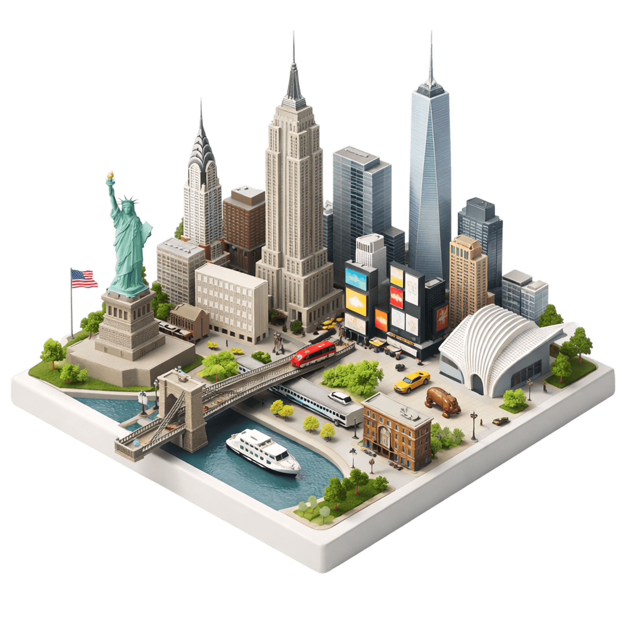 Isometric 3D miniature model of New York City displayed on a square white base, featuring the Statue of Liberty, Empire State Building, Chrysler Building, One World Trade Center, Brooklyn Bridge, Times Square billboards, yellow taxis, subway train, ferry boat, and modern skyline arranged in a clean architectural exhibition style.