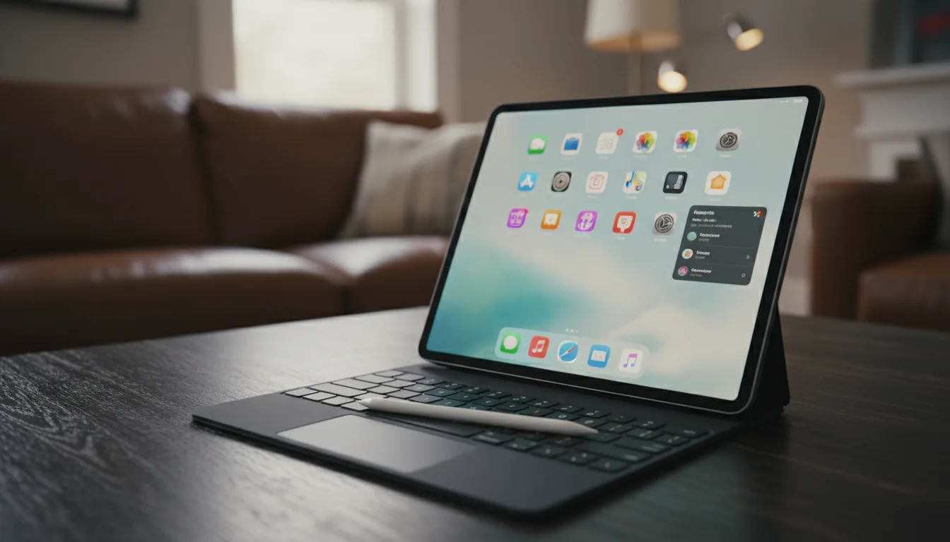 DSLR photography of a modern Apple iPad Pro attached to its black Magic Keyboard, resting on a rich dark wood grain table. A white Apple Pencil lies on the keyboard. The iPad screen is illuminated, showing the vibrant iPadOS home screen with colorful app icons and widgets. The scene is lit by soft, natural daylight, creating subtle reflections. The background is a beautifully blurred living room with a leather couch, creating a shallow depth of field and a soft bokeh effect.
