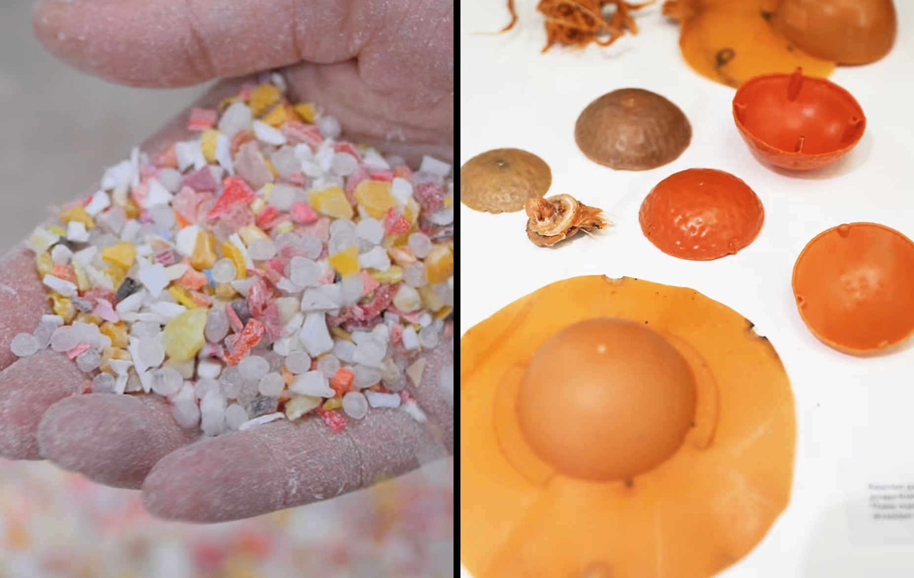 Split image: a handful of raw, multicoloured marine plastic debris fragments beside test material samples, including a cross-section of a prototype sphere.