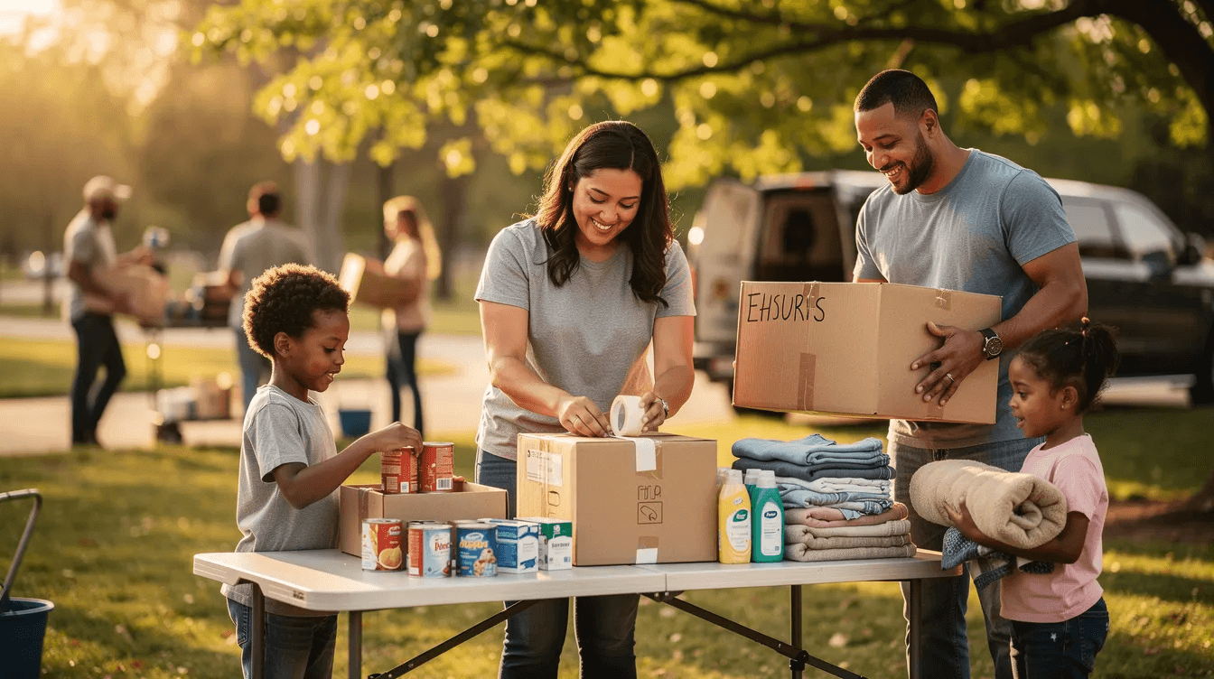 The image depicts a family joyfully volunteering outdoors, surrounded by boxes filled with donated goods, illustrating the spirit of charitable giving and community support. They are actively engaged in an effort that reflects the importance of helping others while also potentially considering tax strategies related to their contributions.