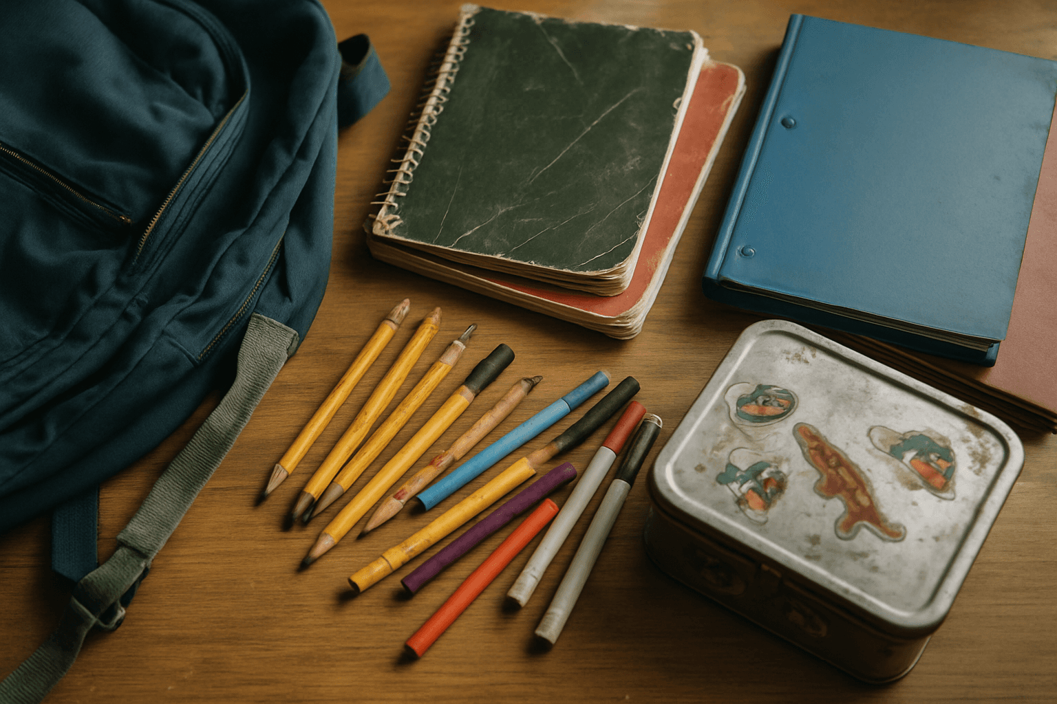 Used school supplies including backpack, notebooks, binders, and pencils on table