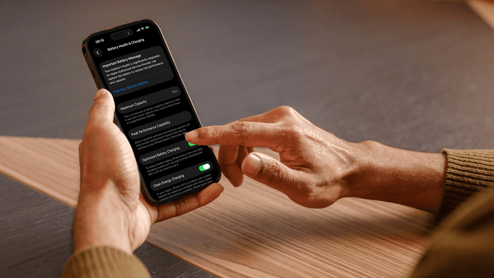 Screenshot of iPhone Battery Health settings showing Maximum Capacity at 79%