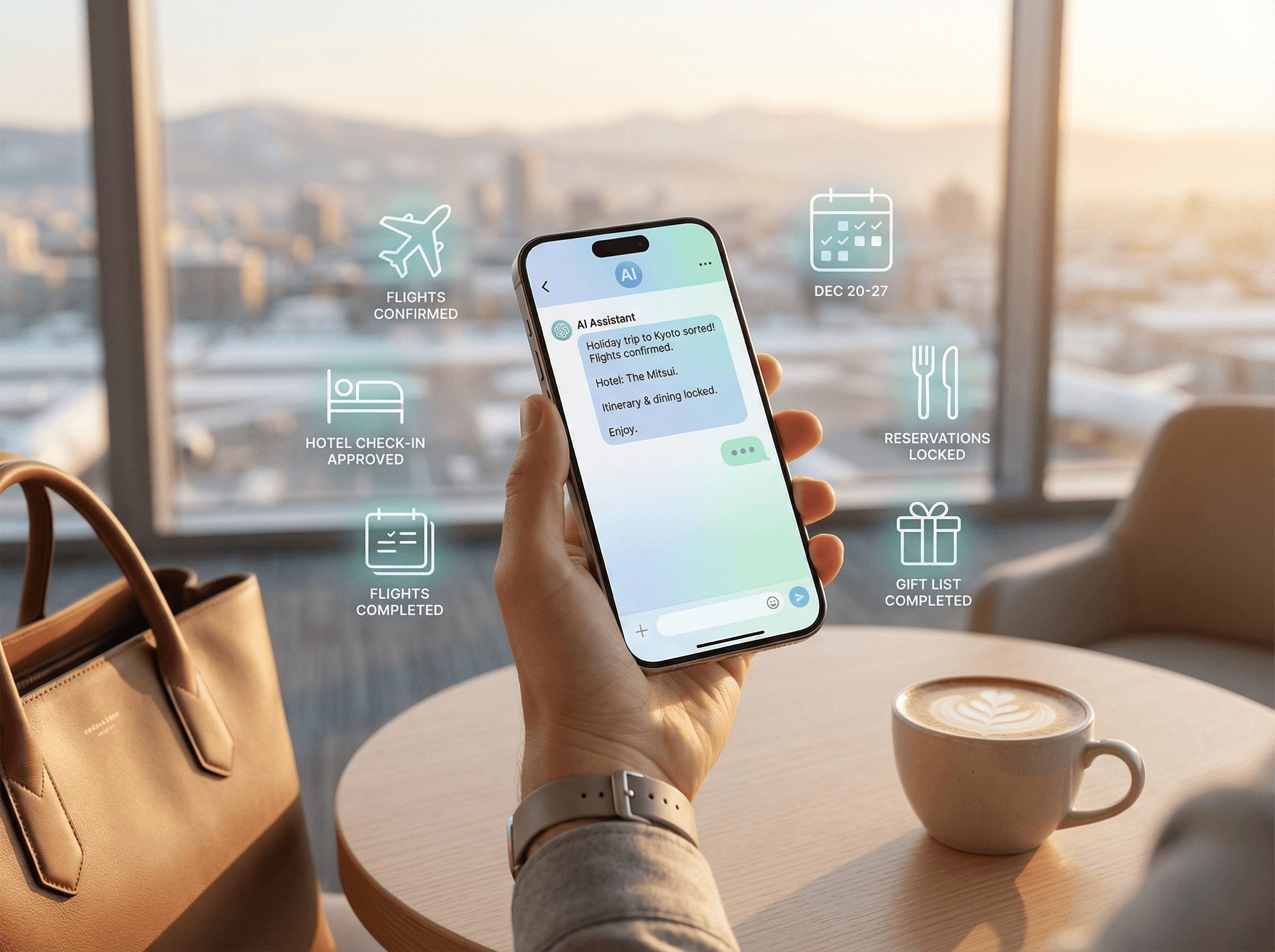 AI assistant organizing holiday travel plans on a smartphone, showing flights, calendar scheduling, and bookings completed automatically