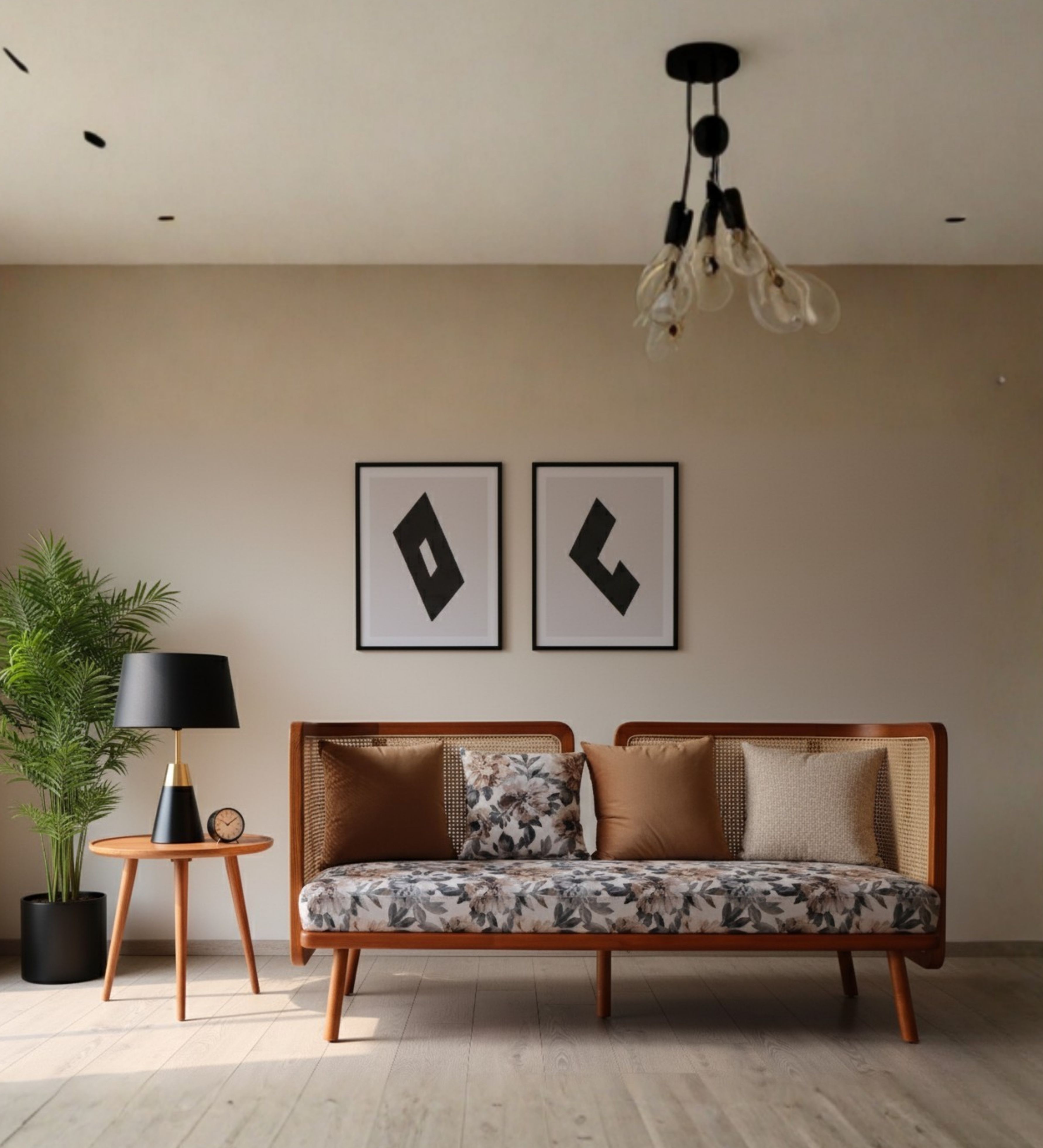 Cane-backed wooden seating with floral cushion upholstery