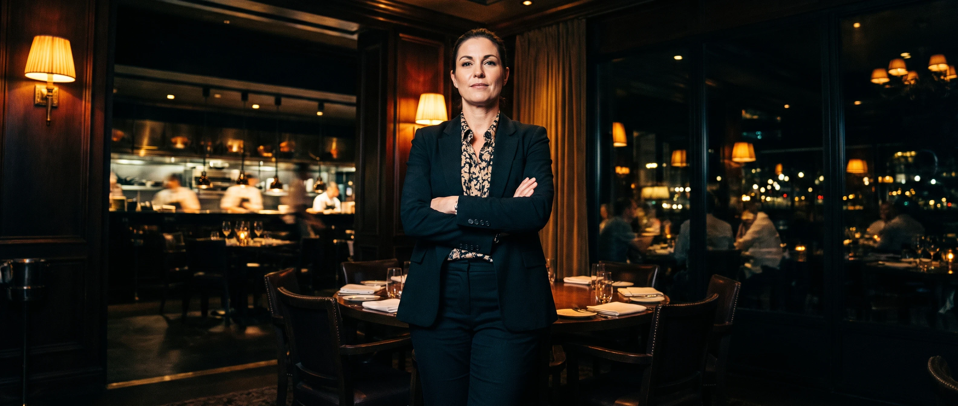 A restaurant general manager stands with arms crossed in a dark, lamp-lit dining room