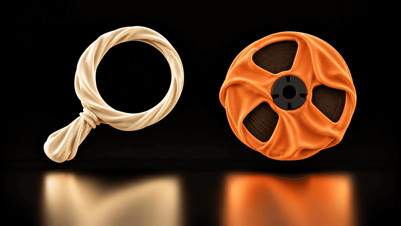 A cream cloth magnifying glass sits separately beside an orange audio reel, representing checking a quotation against its source.