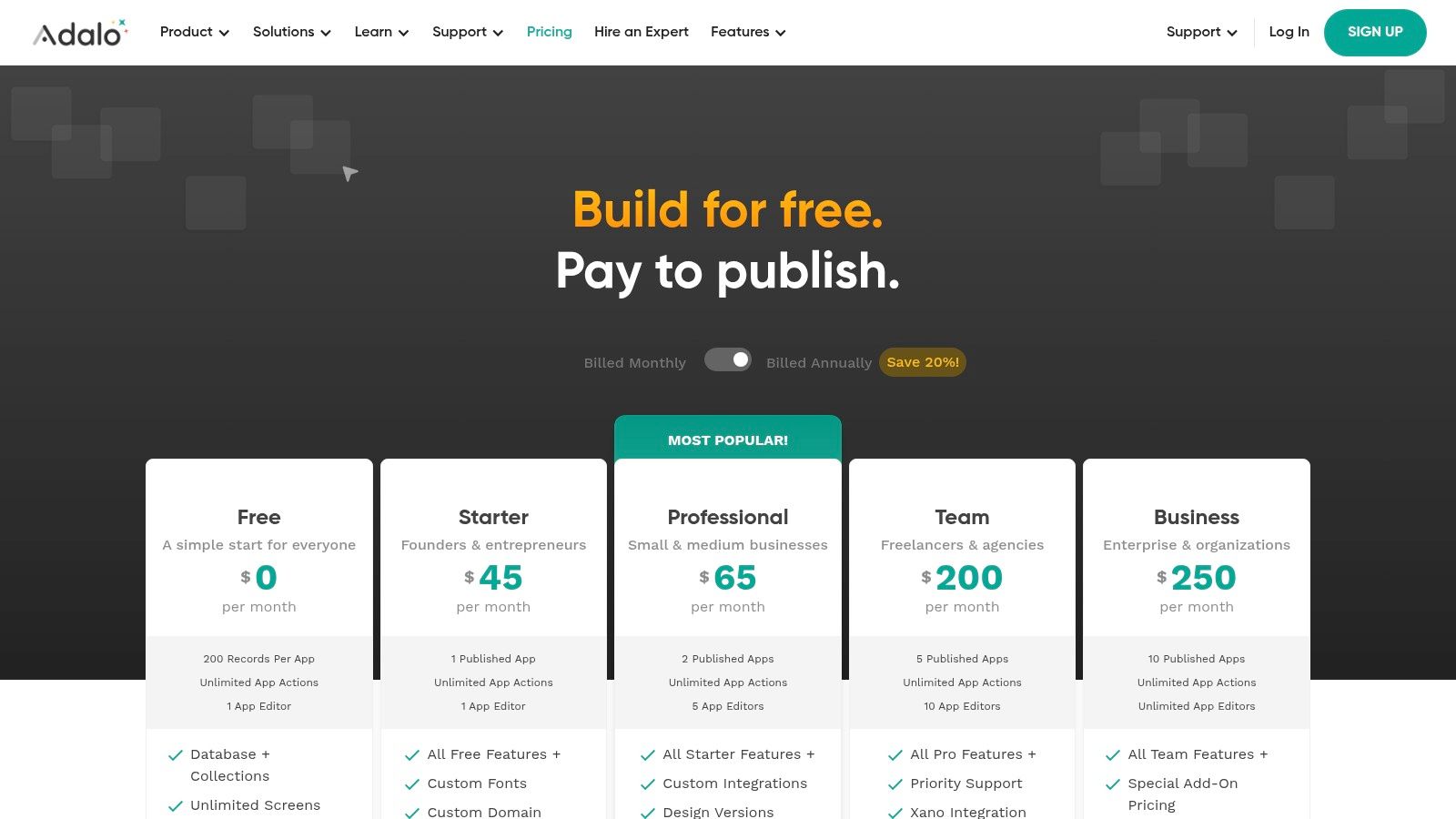 Adalo pricing and plans