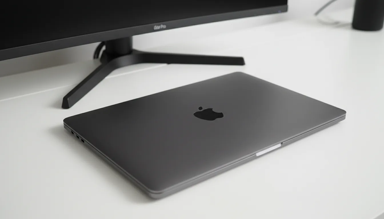 DSLR product photography of a closed Space Black Apple MacBook Pro resting diagonally on a clean, off-white desk. The shot is from a slightly high angle, under soft, diffused studio lighting that creates subtle highlights on the matte aluminum finish and the glossy central logo. In the background, the base of a black external monitor is partially visible. The image has a sharp focus and a clean, minimalist aesthetic.