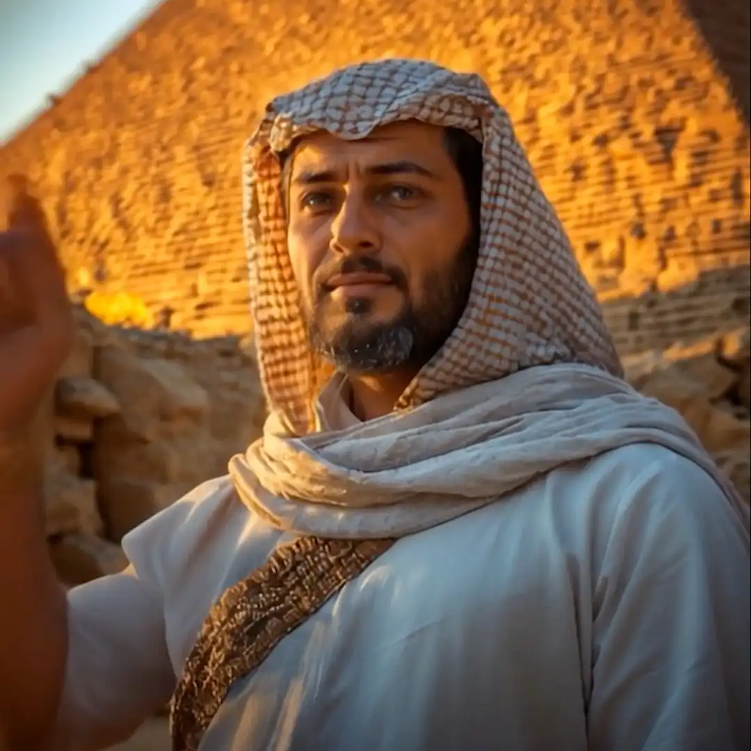 egyptische gids wacht vooraan de piramide