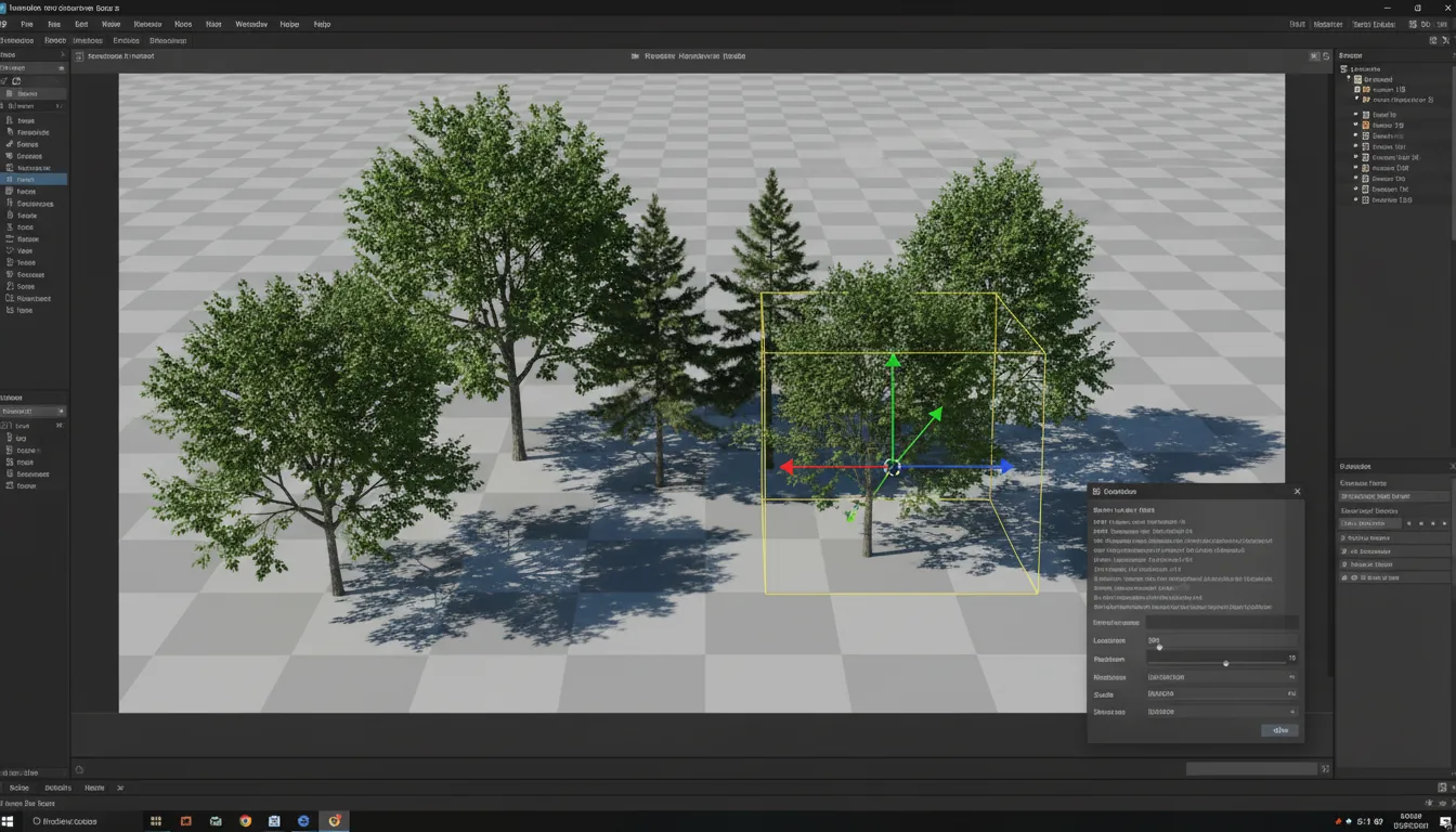 A high-resolution screen capture of the Unreal Engine editor interface, featuring a 3D viewport with realistic tree assets placed on a grey and white checkered ground plane. The scene is lit by bright, natural daylight, casting soft shadows from the deciduous and pine trees. A yellow wireframe bounding box selects a group of assets, and a prominent red, green, and blue XYZ transform gizmo is visible. In the bottom right corner, a floating properties panel with a Modern Dark Mode UI displays abstracted text lines and placeholder data for transform values.