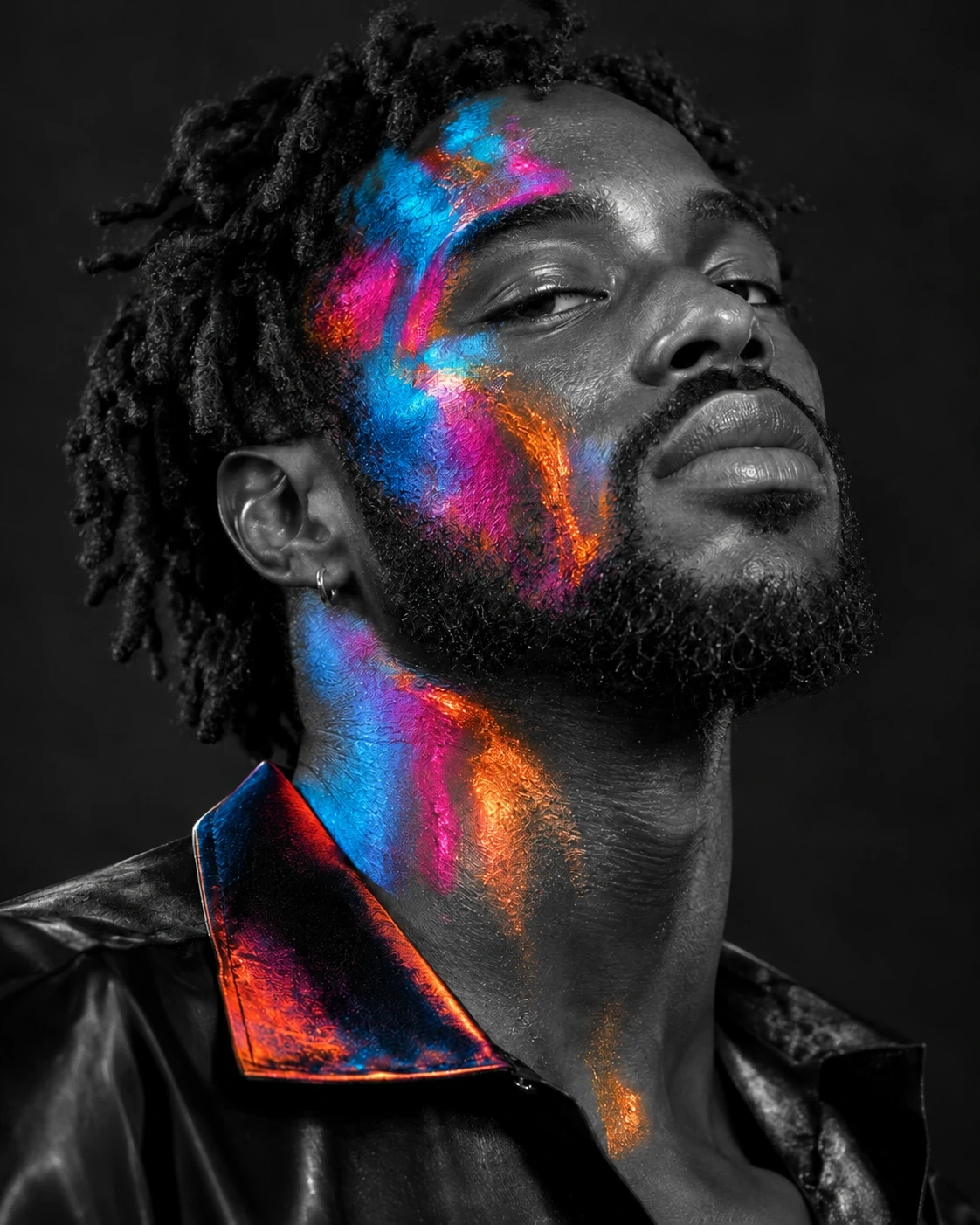 Male portrait with locs and luminous blue, magenta and orange pigment across the face and neck