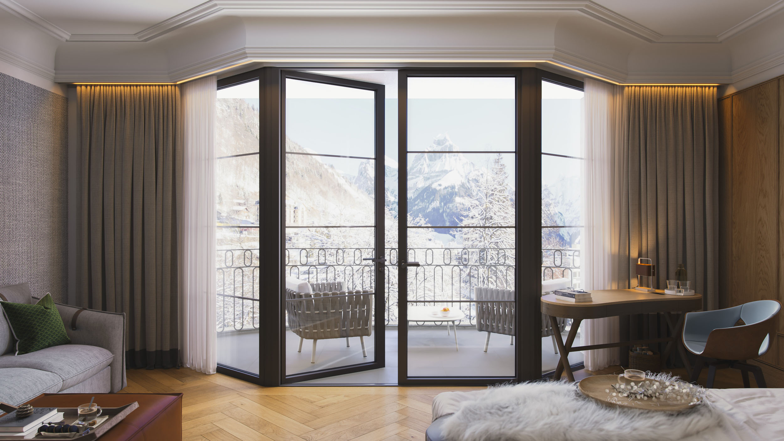 Architectural CGI of a room opening to snowy mountains.