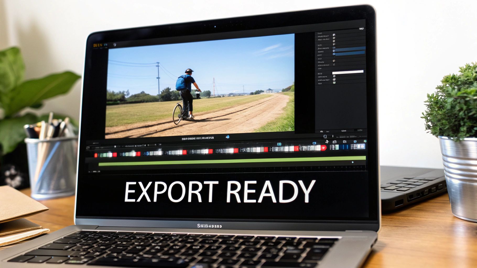A person trimming a video timeline on their MacBook Pro's screen.