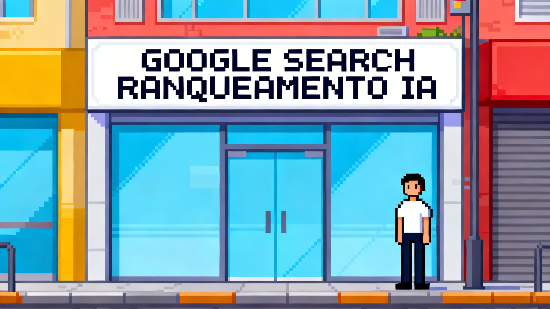 Turn this photo into 8-bit retro video game style image. Maintain the exact text GOOGLE SEARCH RANQUEAMENTO IA