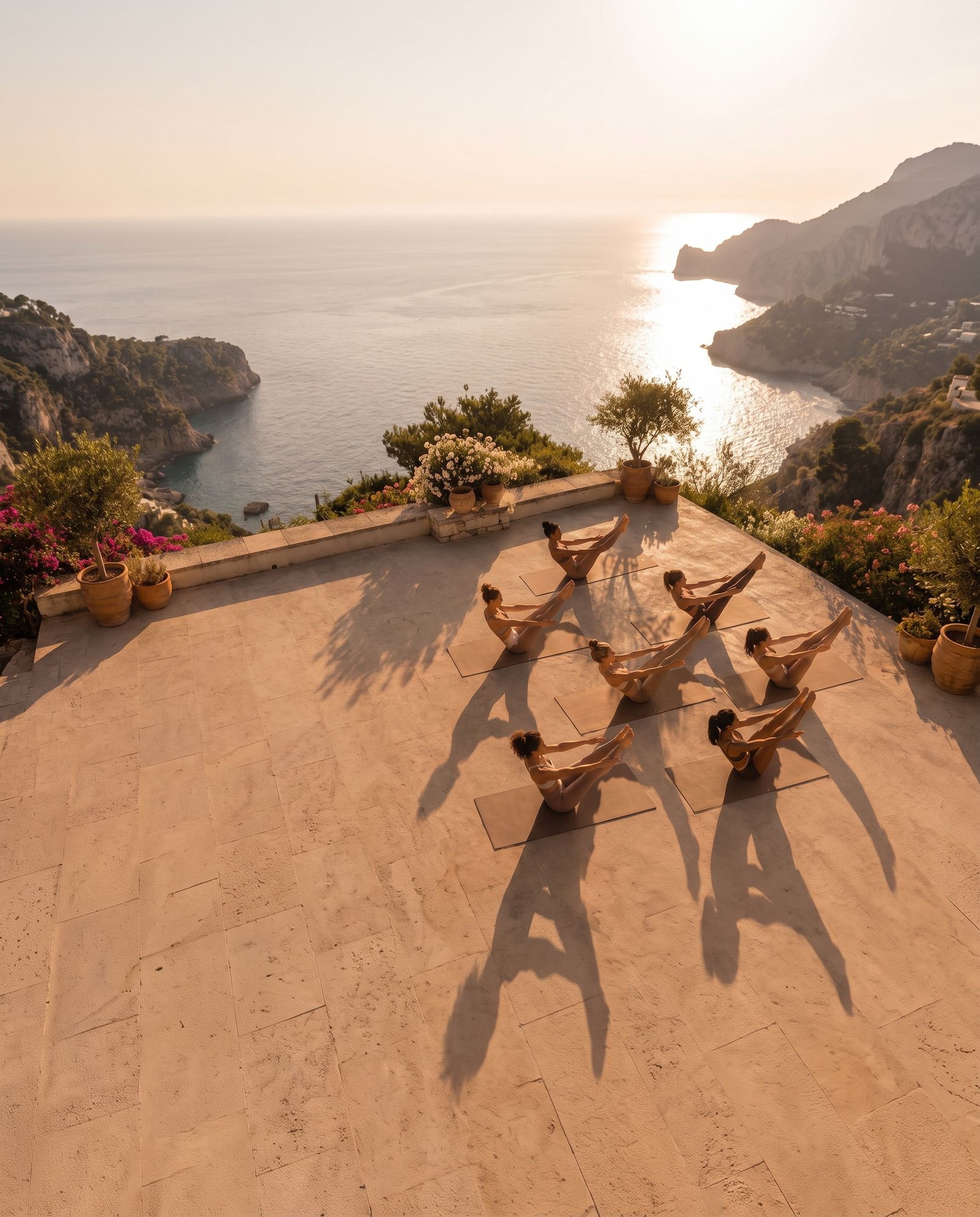 Women practicing mat Pilates on a sunlit coastal terrace overlooking the sea