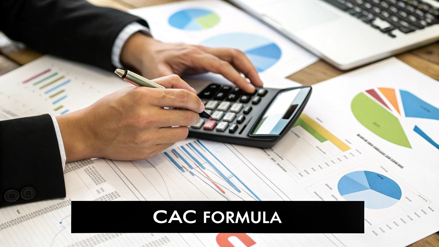 A person using a calculator with charts and graphs in the background, symbolizing financial calculation