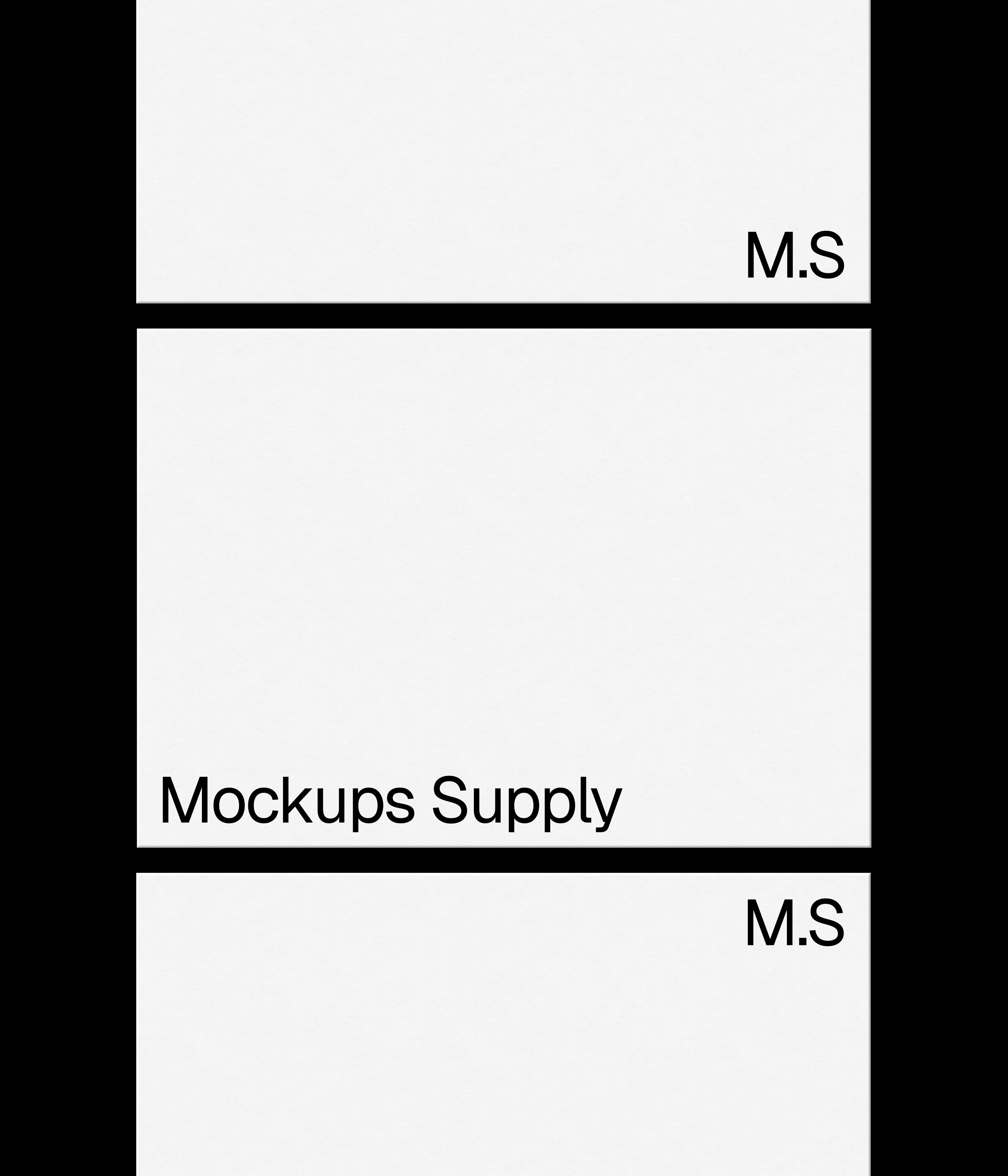 3 A4 paper mockup landscape in column for Photoshop with debossed text effect, white papers on black background, clean minimal stationery and print branding mockup