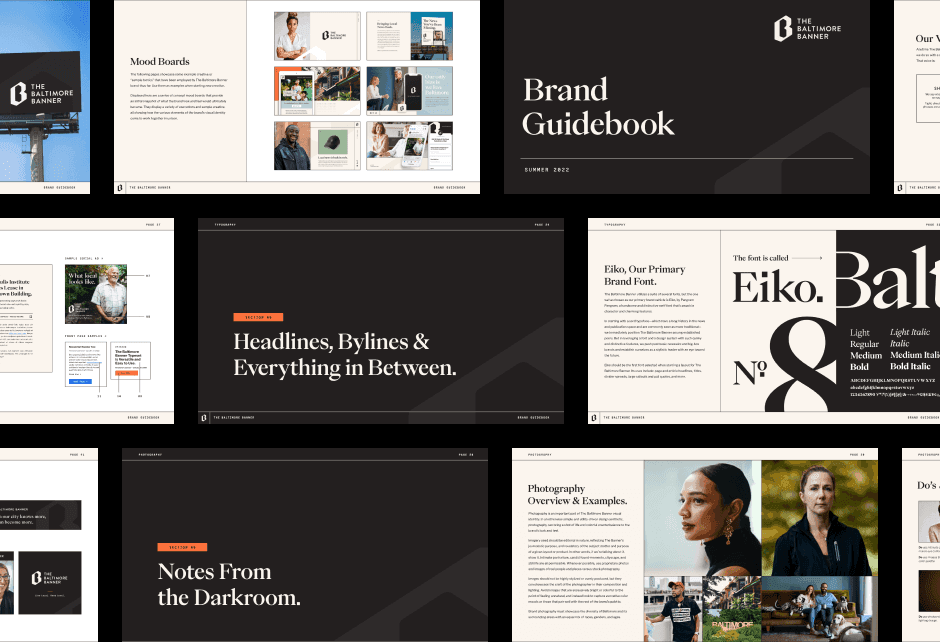 A collage of brand guidebook pages featuring typography, mood boards, photography examples, and branding elements for The Baltimore Banner.
