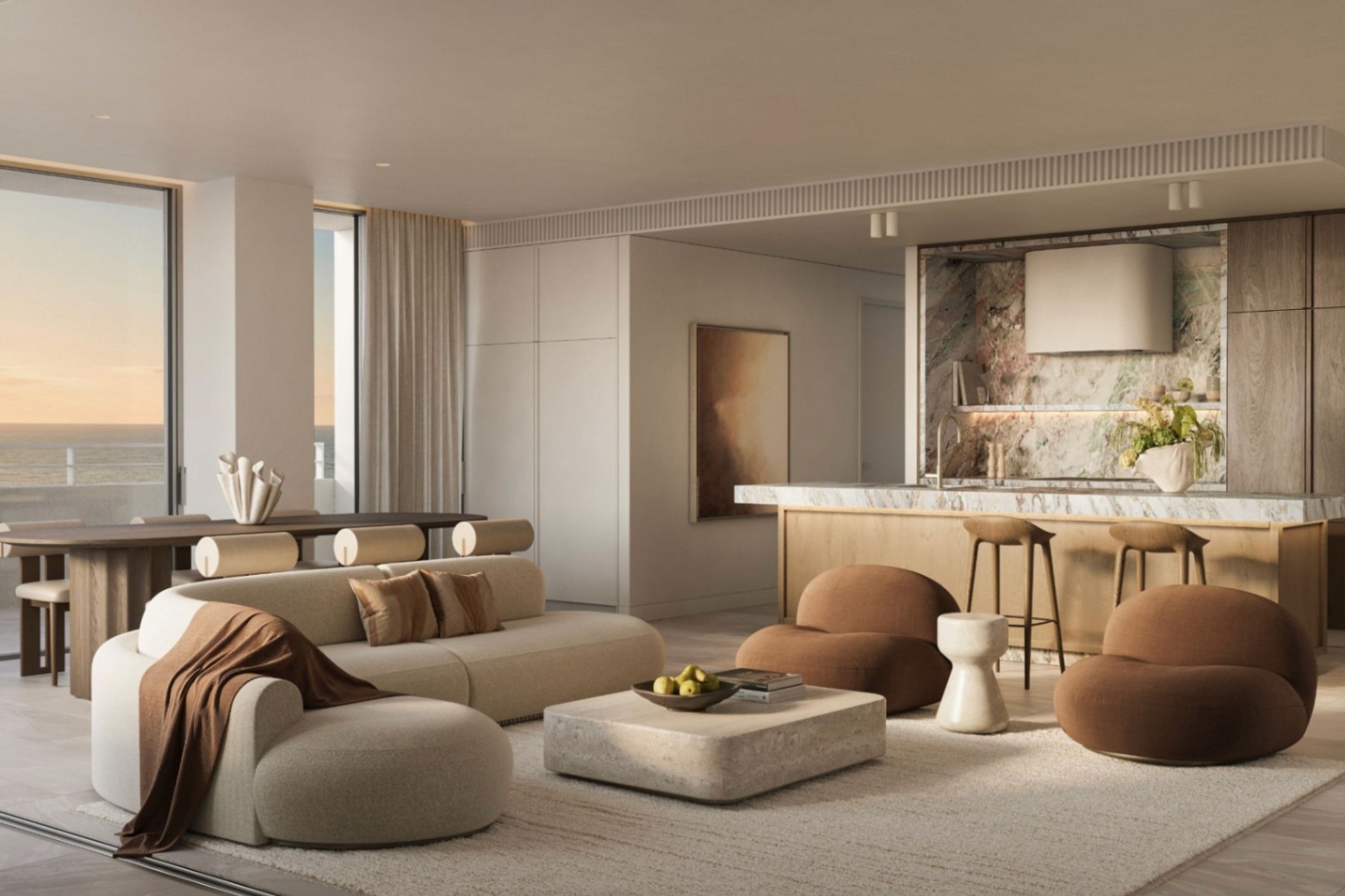 Bright open-plan living and dining area inside a The Avenues apartment, featuring floor-to-ceiling windows, balcony access, and modern interior finishes.