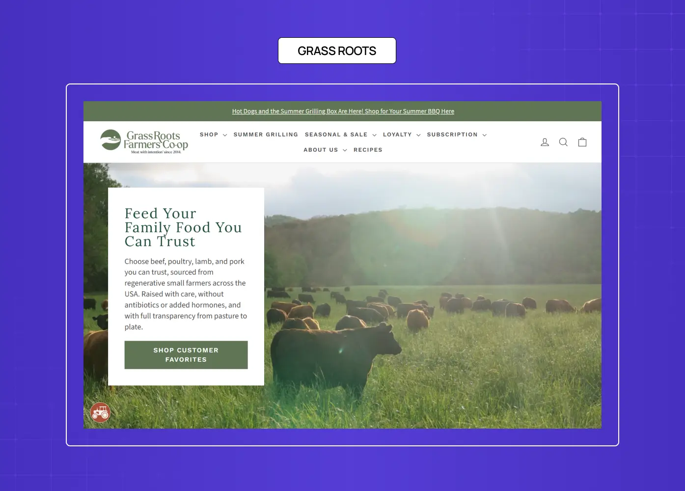 Grass Roots Farmers’ Coop website promoting ethically sourced meat products with farm landscape imagery.