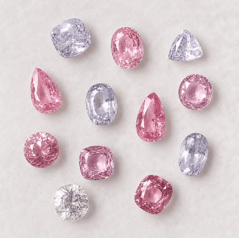 Pastel colored faceted lab grown spinels on white background.