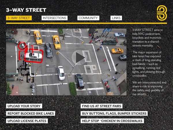 An aerial view of 3-Way Street shows yellow taxis and white cars navigating the intersection. The street is bordered by yellow lines labeled “3-WAY STREET,” “INTERSECTIONS,” “COMMUNITY,” and “LINKS.” A text description on the right explains the street’s purpose: to help NYC pedestrians, bicyclists, and motorists transition to shared streets. The text also highlights the expansion of bike lanes, which has exposed long-standing bad habits like jaywalking, running red lights, and plowing through crosswalks. The image includes interactive elements: “UPLOAD YOUR STORY,” “FIND US AT STREET FAIRS,” “BUY BUTTONS, FLAGS, BUMPER STICKERS,” and “HELP STOP ‘CHICKEN’ IN CROSSWALKS.”
