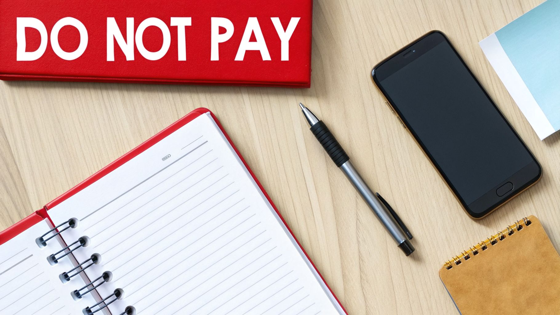 An overhead view of a wooden desk with a red 'DO NOT PAY' book, a notebook, pen, and smartphone.