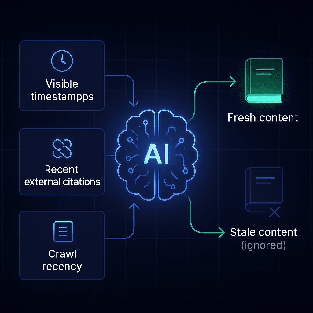Diagram showing freshness signals flowing into an AI model that favors updated content over stale pages.