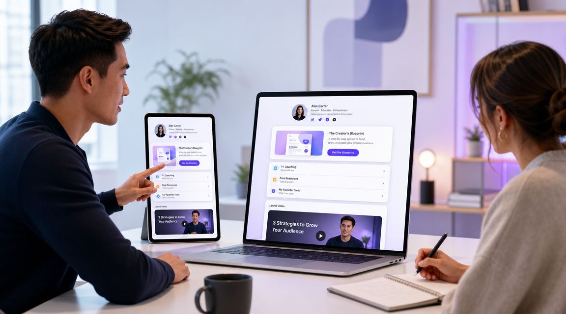 A man and woman collaborating on a digital marketing strategy while viewing creator content on devices.
