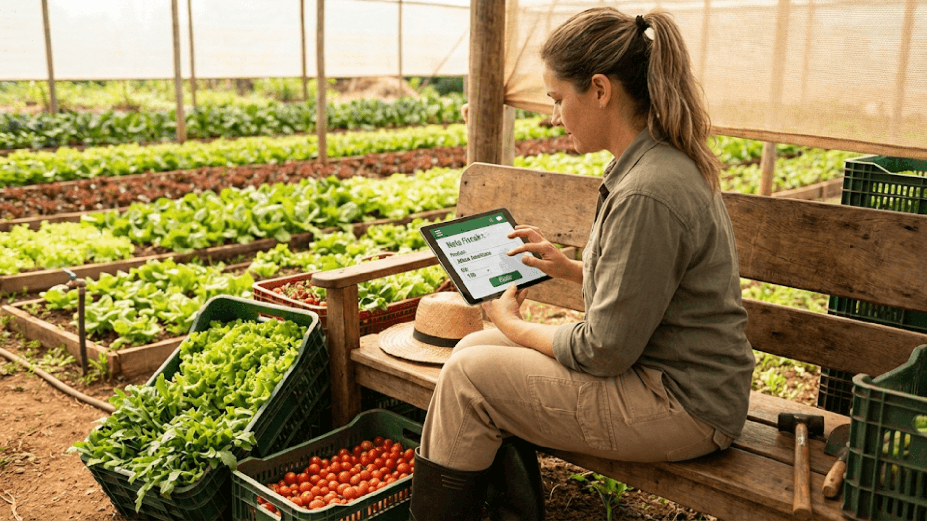 Mulher produtora rural emitindo Nota Fiscal (NFP-e) pelo tablet em meio a uma plantação de hortaliças em estufa.