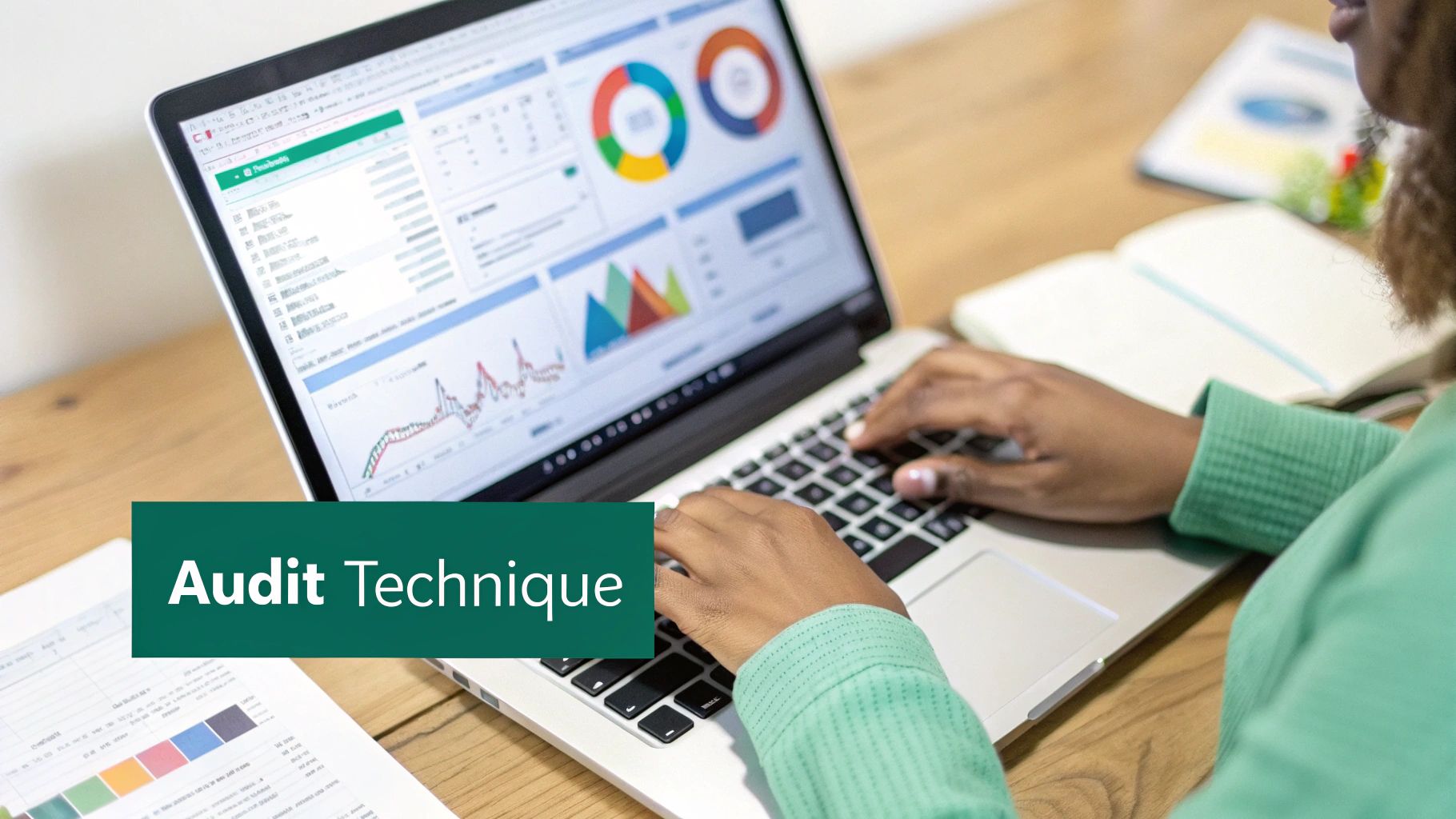 Une personne utilise un ordinateur portable affichant des graphiques et données d'analyse pour un audit technique.